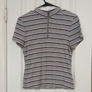 No Boundaries Gray Striped Top With Silver Zipper Detail